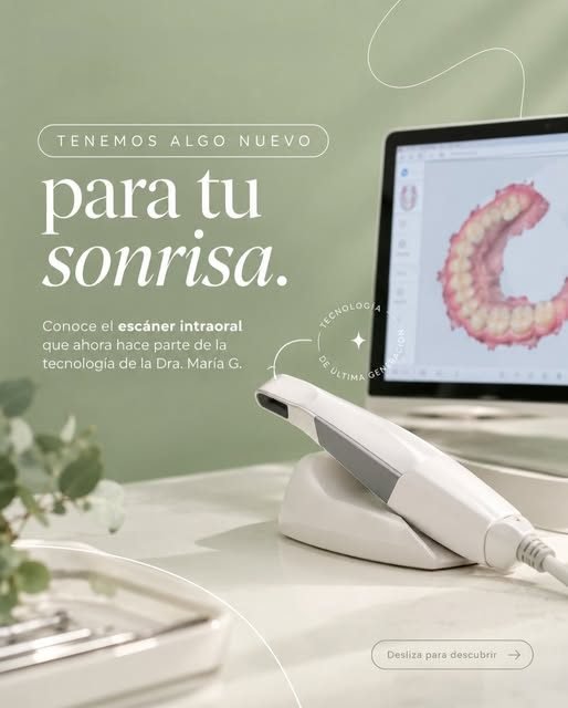 Escáner intraoral junto a un computador con el modelo 3D de una arcada dental